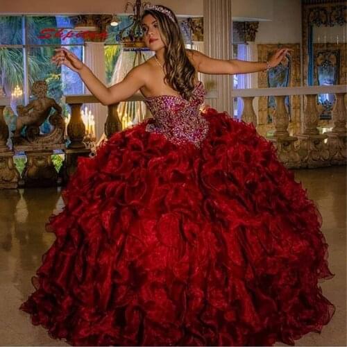 Red Luxury Quinceanera Dresses Plus Size Ball Gown Masquerade Princess Girl Beads Long Sweet 16 Prom Dresses for 15 Years
