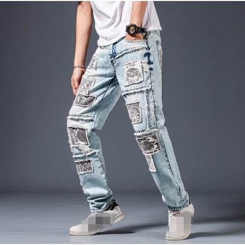 Micro-Elasticity Mens Patch Print Tassel Jeans Ripped Hole Fit Pencil Pants Males Straight Motorcycle Trousers Autumn Winter