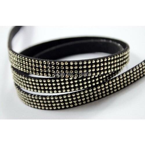 New Arrive 100 Meters BLACK 10 x1.5mm Microfiber Faux Suede Lace Leather Cord w/ Gold Rivet Accents 4 Linesd Acrylic Stones