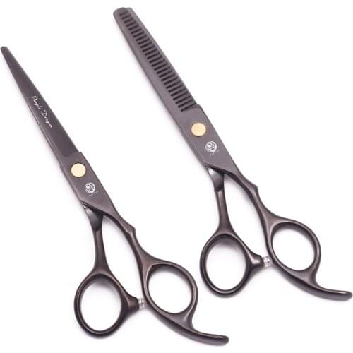 Hair Scissors 5.5" 6" Japan Steel Thinning Shears Hair Cutting Scissors Purple Dragon Z1005 Black Color Wooden Case Set of Tools