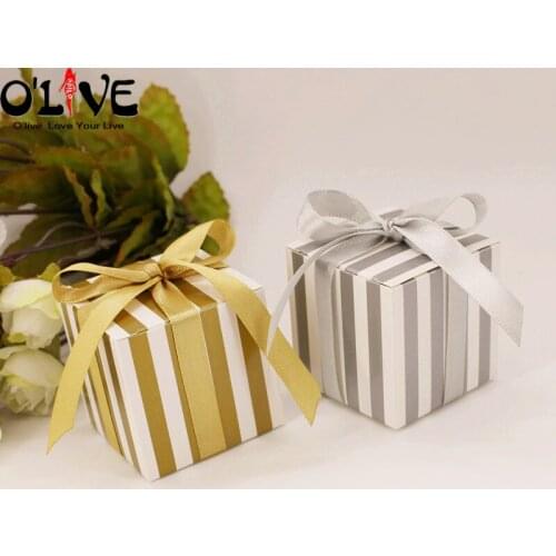 50 Pcs Gold Stripe Gift Box Silver Cube Candy Box Wedding Favors Cardboard Boxes Birthday Party Package Chocolate Baby Shower