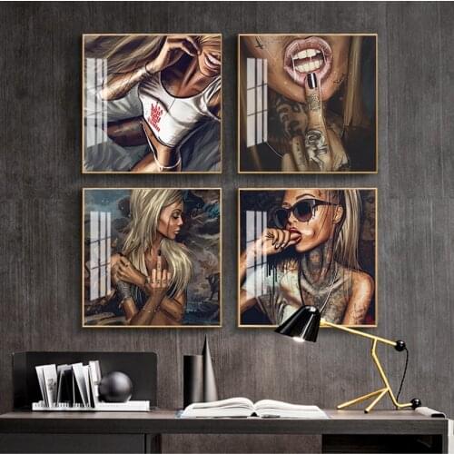 Posters Canvas Painting For Living Room Abstract Cool Tattoo Girl Pictures Sexy Women Graffiti Street Art Portrait