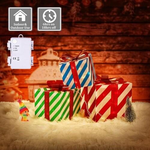 3pcs Christmas Three-color Stripe Gift Box Lights 60LED Lights Battery-powered Indoor and Outdoor Christmas Party Decorations
