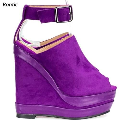 Rontic New Handmade Women Sandals Ankle Strap Faux Suede Wedges High Heels Peep Toe Purple Red Burgundy Party Shoes US Size 5-20