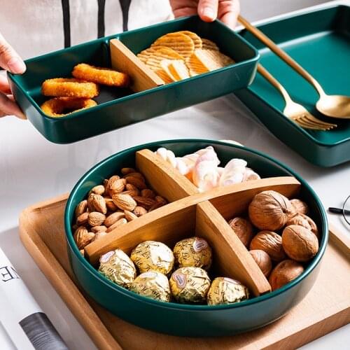 Japanese-Style Dried Fruit Tray Snack Dish Tea Cake Tray Nuts Candy Compartment Tray Snack Plate Home Creative Dark Green