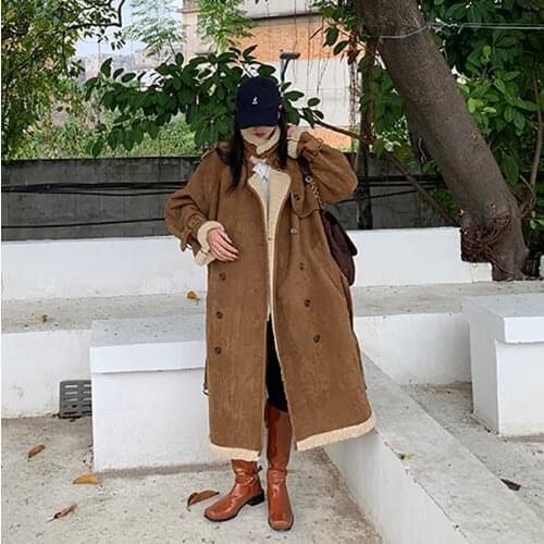 Warm Long Coat Women Winter 2021 Fashion Lamb Wool Lining Double Breasted Coat With Belt Thick Casual Outerwear Cotton Overcoat