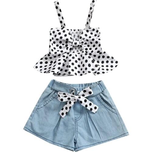 2pcs Toddler Kids Baby Girl Polka Dot Printed Sleeveless Tops Denim Shorts Summer Outfit Fashion Children Clothes Set