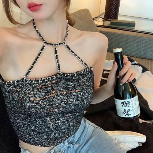 Sexy Chain Halter Backless Top Summer Lace Up Sleeveless Crop Tops Tees Women Fashion Y2K Camisole Streetwear