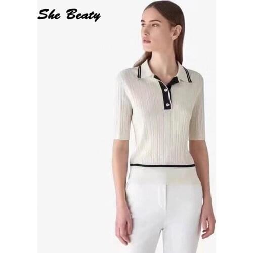 She Beaty Knitted Tops Women 2021 Summer Clothes Short Sleeve Turn-Down Collar Button Up Elegant Fashion Pullovers Jumer Sweater