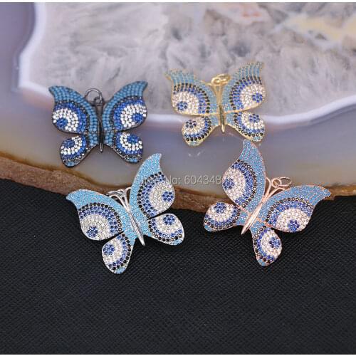 5PCS ZYZ152-7335 Unique Micro Pave Colorful Zircon Crystal Butterfly Necklace Pendant, Sparking CZ Animal Charms Pendant