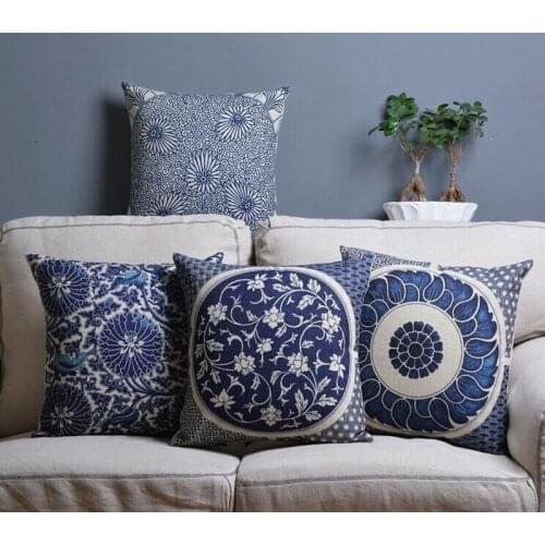 Vintage Geometric Printed Sofa Throw Pillow Car Chair Home Decor Pillow Case Blue And White Porcelain Decorative Cushion Cover