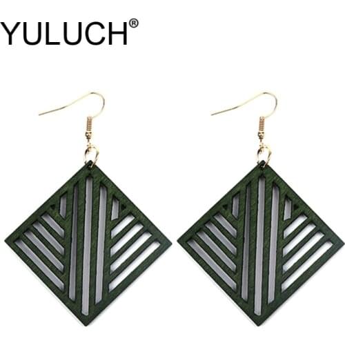 YULUCH 2019 Geometric Dangle Earrings For Women Party Fashion Jewelry Ethnic African Green Red Hollow Wood Elegant Big Earrings
