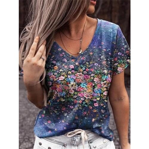 Summer Casual Tee Short Sleeve Women T-Shirts Flower Print Street Tops Female V-Neck Loose T-Shirt 5XL Plus Size Top Pullover