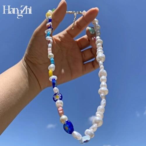 New Korean Summer Colorful Glass Bead Imitation Pearl Flower Mushroom Lemon Necklace HANGZHI 2021 for Women Party Jewelry