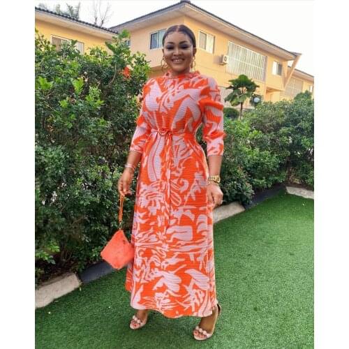 2021 Spring Miyake Pleated Womens Long Turtleneck Robe Dress Abaya Dubai Vintage Overall Floral Print Dress Aesthetic Clothes