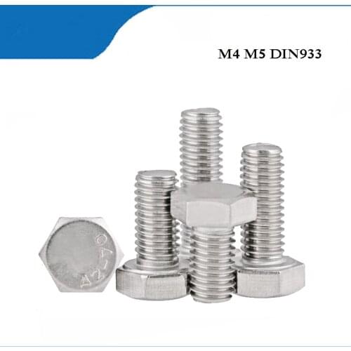 100Pcs 304 Stainless Steel Hexagonal Screws DIN933 External Outside Hex Head Cap Bolt Fastener M4 M5