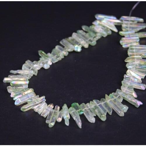 15.5"strand Polished Green AB Titanium Natural Crystal Quartz Top Drilled Point Beads,Raw Crystal Stick Pendant Jewelry Making