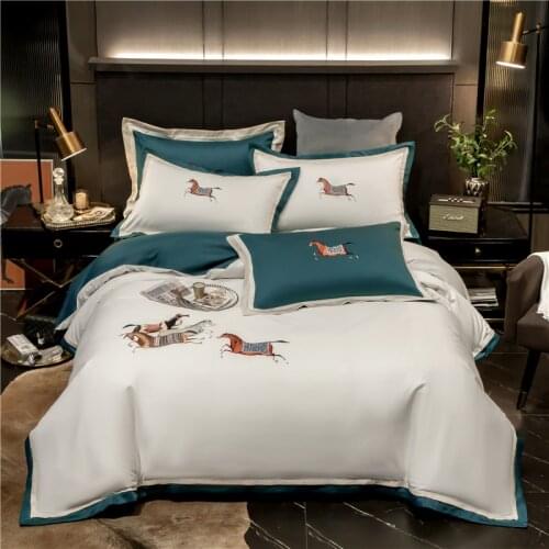 2020 Luxury Egypt Cotton Elegant Horses Bedding Set Embroidery Duvet Cover Bed Sheet Pillowcases Queen King Size 4Pcs