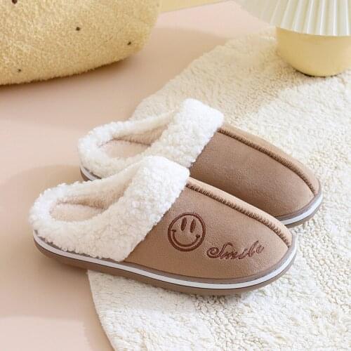Real Sheepskin Suede Leather Smiley Natural Wool Fur Lined Men Winter Slippers Half Style House Home Warm Shoes Loafer