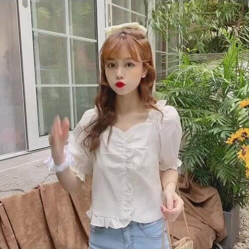 Summer loose square collar ruffled solid color sweet wild puff sleeve top Wenya college style blouse female