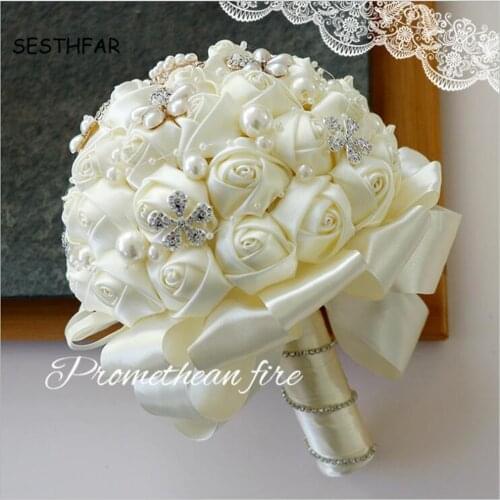 Big Wedding Bouquet Luxury Ivory Artificial Satin Roses Flowers Silver Crystal Bridal Jewelerry Brooch Accessories Ramo Novia
