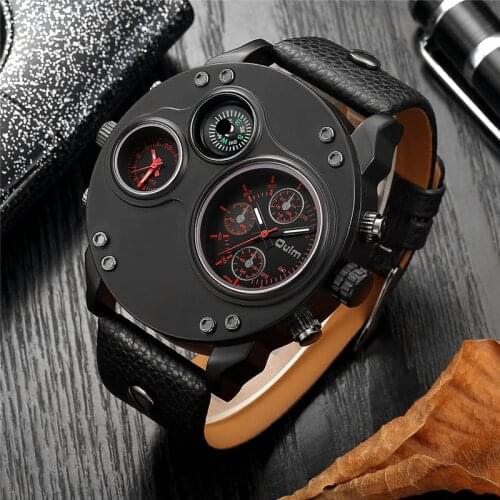 Oulm Mens Sport Watches 3D Face Big Size Men Quartz Watches Man Decorative Compass Leather Wristwatch relogio masculino