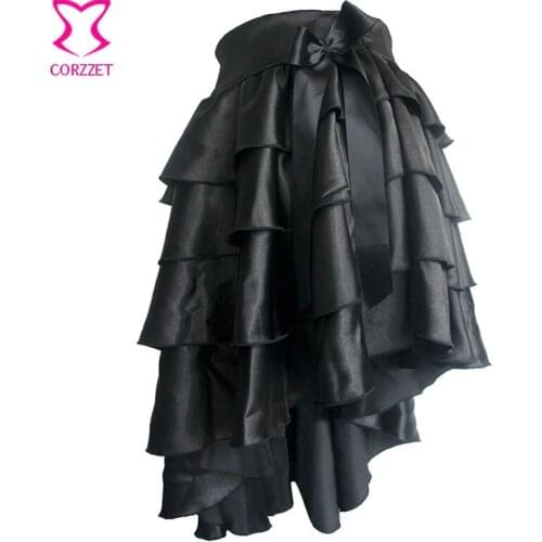 Black Ruffle Satin Tiered Asymmetical Saia Victorian Women Skirt Retro Steampunk Corset Skirt Sexy Ladies Skirts Gothic Clothing