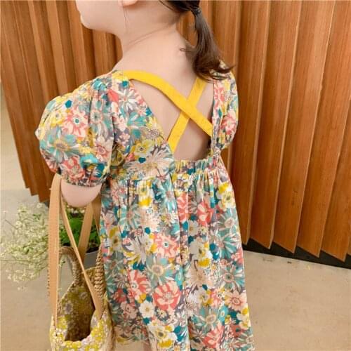 2021 Summer New Kids Dresses 2-8 Y Toddler Girls Fashion Floral Dress Puff Sleeve Backless Princess Dress For Girl Baby Clothes