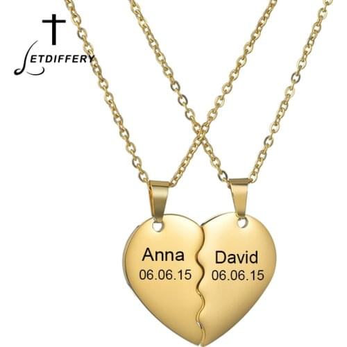 Letdiffery Custom Heart Names Necklace For Couple 1 Pair Stainless Steel Engrave Name Date Women Men Personlized Jewelry Gifts