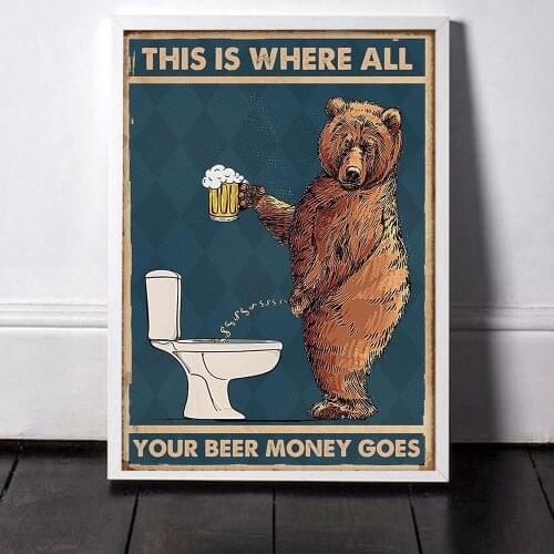 Canvas Painting Grumpy Bear Drinking Beer To The Bathroom Posters Abstract Wall Art Pictures For Bathroom Toilet Home Decoration