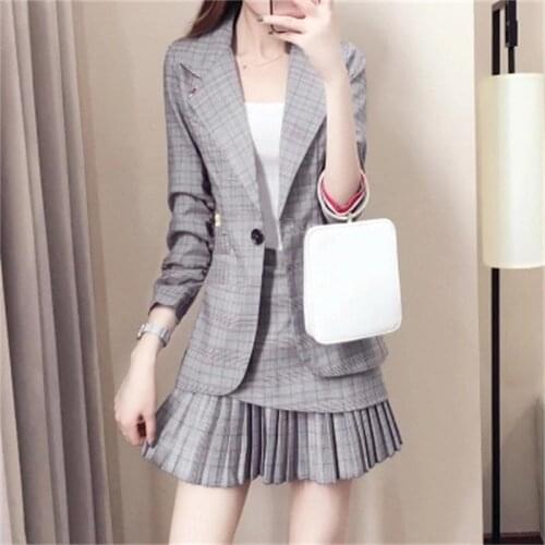 Plaid small suit suit female New summer fashion temperament goddess small suit + pleated skirt two-piece suit women autumn