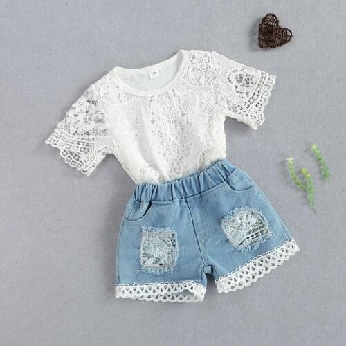 Fashion Toddler Kids Baby Girls Summer Clothes Lace Flower Crochet Short Sleeve Romper+Ripped Hole Denim Shorts 2PCS Outfits