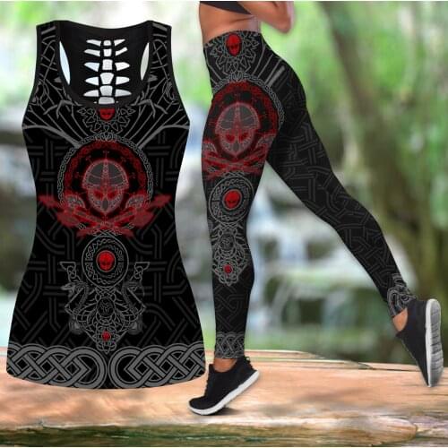 Warrior viking Tattoo 3D Print Hollow Tank Top & Leggings Set Fitness Female Full Length Leggings Comfortable Yoga Pants LKB-08
