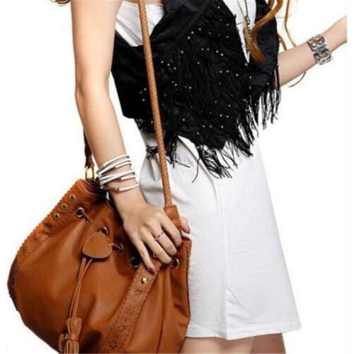 Retro Brown Women Shoulder Bag Faux Leather Long Bandage Tassel Female Crossbody Shopping Satchel