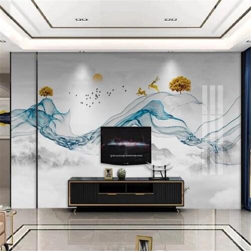 Milofi custom large personality wallpaper mural blue new Chinese style hand-painted abstract lines landscape Zen background wall