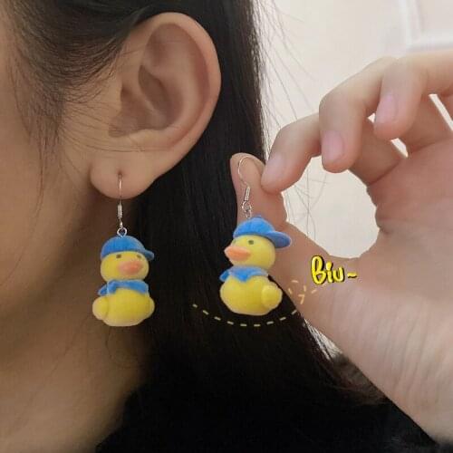 Fashion Fun Plush Duckling Earrings Cute Soft Cute Cartoon Earrings Three-Dimensional Flocking Girl S925 Earrings Tide