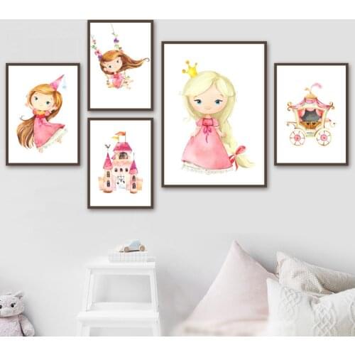 Cartoon Baby Girl Princess Crown Castle Wwing Nordic Posters And Prints Wall Art Canvas Painting Wall Pictures Kids Room Decor