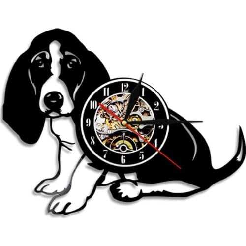 Basset Hound Dog Vinyl Record Wall Clock Puppy Pet Animal Home Decor Watch Retro Album Music Record Crafts Silent Quartz Clock