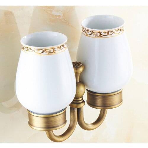 Bathroom wall mounted double rinse cup holder shelf, Antique copper double cup tumbler holder, Brass retro cup holders rack