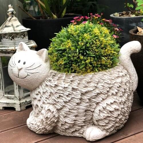 Pastoral Cement Cute Cat Fleshy Flower Pot Ornaments Outdoor Garden Figurines Crafts Courtyard Park Villa Furnishing Decoration