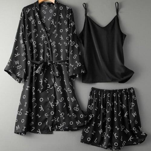 Black Print Letter 3PCS Pajamas Suit For Women Rayon Pyjamas Pour Femme Sleepwear Thin Robe&Cami&Shorts Set Sexy Kimono Gown