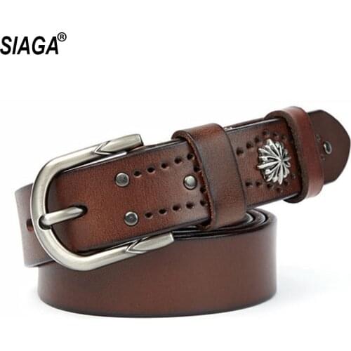 Top Quality Pure Cow Cowhide Leather Belts Women Retro New Design Sliver Buckle Belt for Female Accessories Jeans FCO225