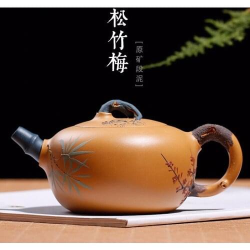 Yixing Purple Sand Pot Gold Section Mud Zhu Hongjun Handmade Famous Teapot with Pine, Bamboo and Plum Flower