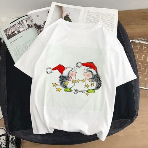 Cartoon Hedgehog Merry Christmas Graphic Print Pink T-shirt Women Vogue Ullzang Tshirt Harajuku Short Sleeve Tops Girls T Shirt