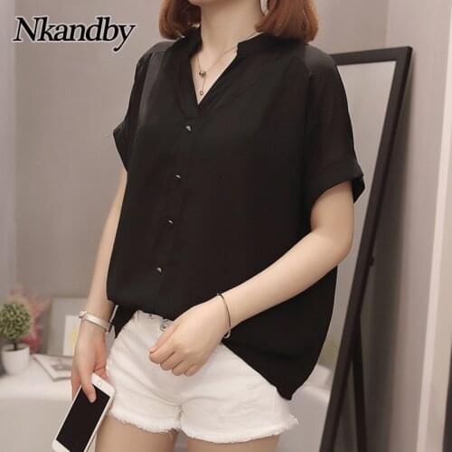Plus Size Clothes Women Shirts Summer Fashion Chiffon V-neck Short Sleeve Blouse Oversize V-neck Korean Loose Tops Misetas Mujer