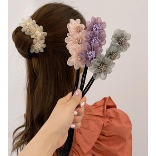 New Women Elegant Bud Chiffon Flowers Bun Maruko Hairstyles Making Long Tools Sweet Headband Hairbands Fashion Hair Accessories