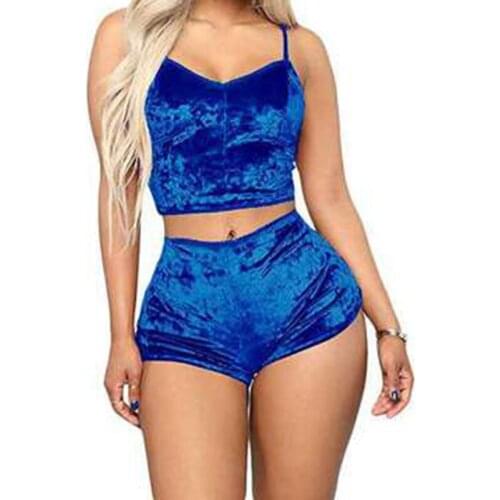 2021 Women 2pcs Velvet Sleepwear Sexy Spaghetti Strap Velvet Shorts Pajama Set Ladies Sleepwear female Pajama Party Set