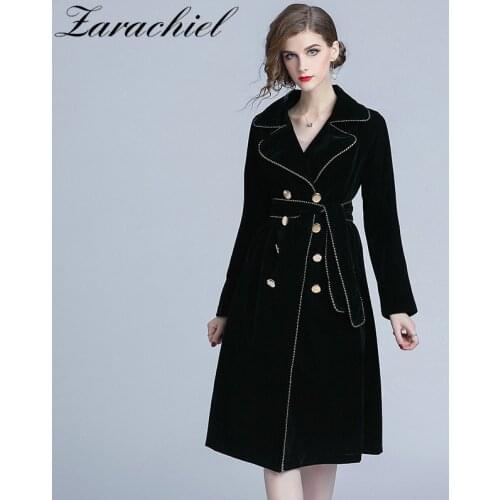 2019 New Autumn Winter Black Velvet Trench Coat Women Notched Collar Gold Double-Breasted With Belt Thick Warm Trench Outwear