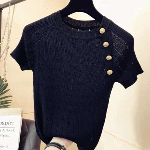 Fashion O collar metal button sweater bottoming shirt womens thin pullover 2021 summer Ice silk Short sleeve