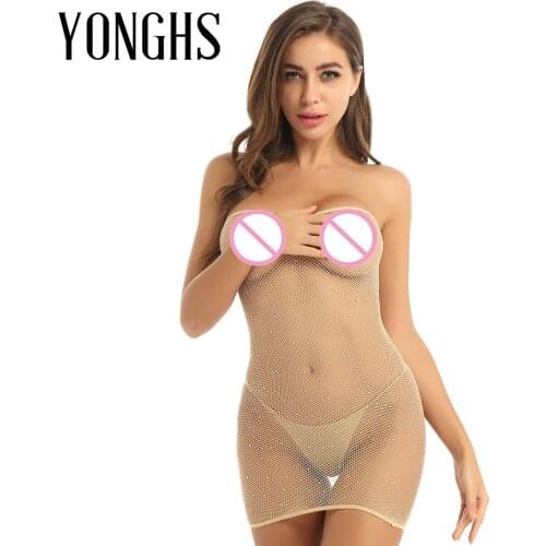 Womens Erotic Lingerie Tube Dress Shiny Rhinestones Netted Sheer Sexy Babydoll Stretchy Bodycon Mini Dress Hosiery Nightwear